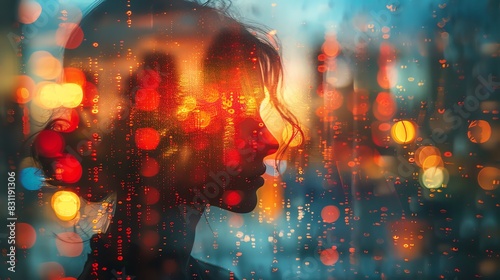 Silhouette of a woman's profile against a blurred background of city lights and rain.