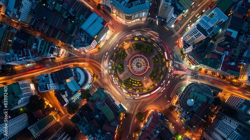 Aerial view Road roundabout with car lots Wongwian Yai in Bangkok,Thailand.street large beautiful downtown at night.cityscape.Top view
