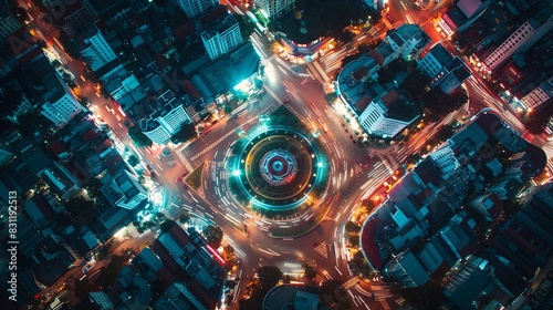 Aerial view Road roundabout with car lots Wongwian Yai in Bangkok,Thailand.street large beautiful downtown at night.cityscape.Top view