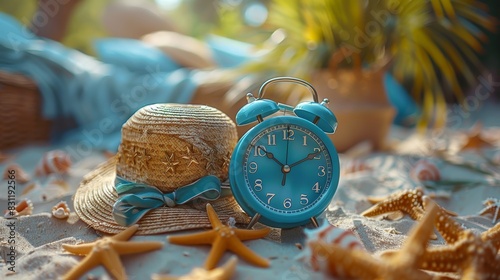 Holiday concept. Relaxing. Last minute deals. Alarm clock with straw hat and starfish on the sand beach and sea background.