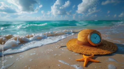 Relaxing summertime vacation concept. Straw hat, starfish on seashore with sea and sand background.