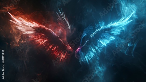 big half red half blue wings on black background with haze