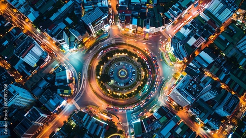Aerial view Road roundabout with car lots Wongwian Yai in Bangkok,Thailand.street large beautiful downtown at night.cityscape.Top view