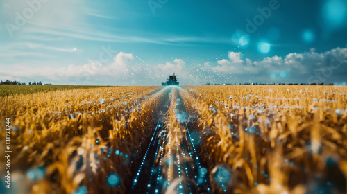 Tractor with attachments doing agricultural work in the grassland, farm machinery spraying pesticides on the green field, agricultural seasonal spring background