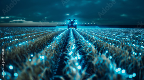 Tractor with attachments doing agricultural work in the grassland, farm machinery spraying pesticides on the green field, agricultural seasonal spring background