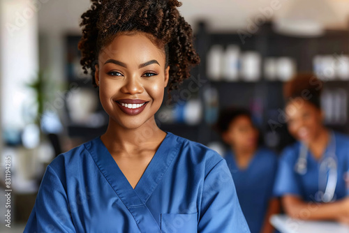 Smiling confident female African American doctor in blue uniform standing with her team in hospital. Medicine, healthcare concept.