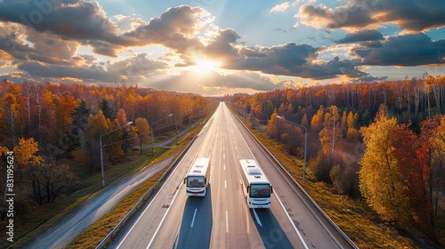Three white buses traveling on the asphalt highway between deciduous forest in autumn colors under the radiant sun and dramatic clouds. View from above