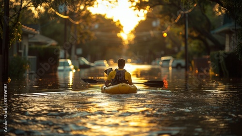 A man in a life jacket view from the back in an inflatable boat takes pets out of a flooded city