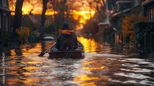 A man in a life jacket with a rear view in an inflatable boat takes out floats on a flooded city street.