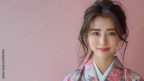 Korean woman in japanese kimono traditional suit isolated on pastel