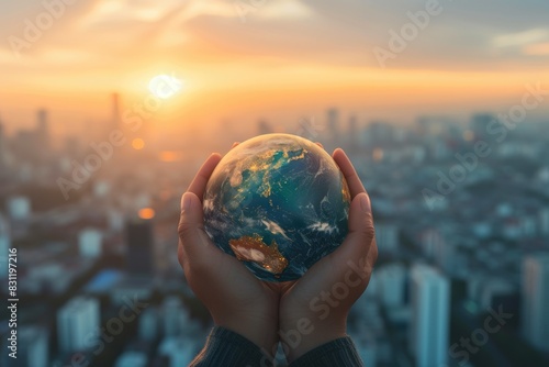 Embracing Sustainability: Earth in Hands Against Urban Sunset