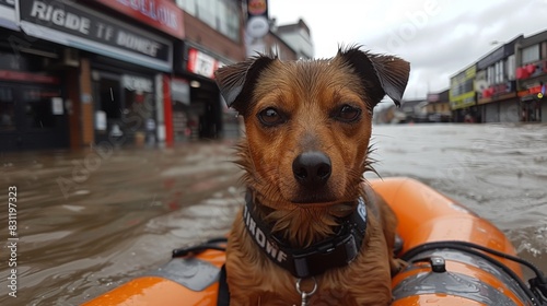 A man in a life jacket view from the back in an inflatable boat takes pets out of a flooded city