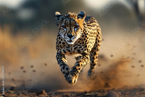 Cheetah running to hunt prey in African national parks. Cheetah in mid-sprint grass at sunset.