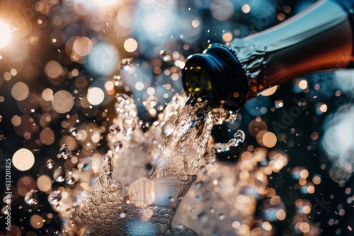 A bottle of champagne being poured into a glass during a celebration, capturing the fizzing bubbles and effervescence