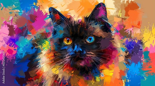 Himalayan Cat in vibrant pop art style, colorful geometric background close up, whimsical, blend mode, cityscape backdrop