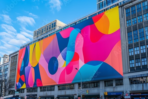 Vibrant abstract mural on building facade with blue sky background.