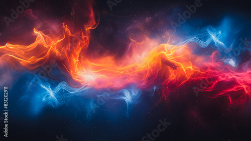 A colorful, swirling galaxy of red, blue, and orange