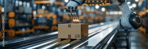 Robotic arm carefully positions box on conveyor in high-tech warehouse, Created with Generative AI.
