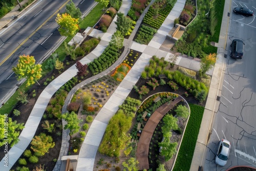 An aerial perspective of a city garden showcasing rain gardens and permeable pavement for stormwater management