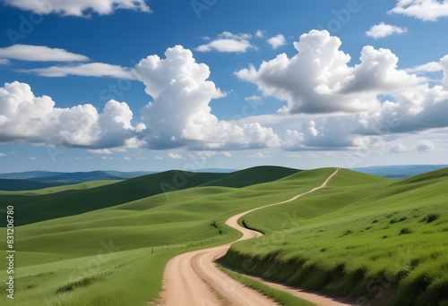 A winding dirt road through rolling green hills under a blue sky with fluffy white clouds