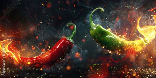 Feurige Schärfe: Roter und grüner Pepperoni vor flammendem Hintergrund 