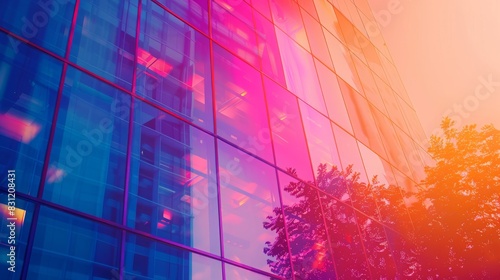 Modern glass building with vibrant neon reflections during sunset, blending urban architecture and colorful light.