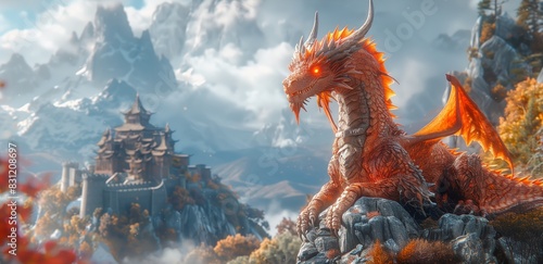 Dragon Flying Over Mountain With Castle in Background