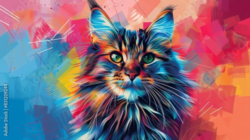 Norwegian Forest Cat in vibrant pop art style, colorful geometric background close up, whimsical, blend mode, cityscape backdrop