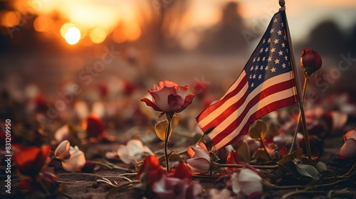 A dramatic image showing a US flag with flowers at sunset, symbolizing patriotism and tribute
