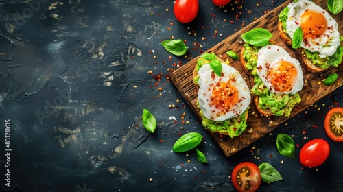 avocado toast topped with a perfectly poached egg and fresh basil, elegantly presented on a rustic wooden board against a dark background.