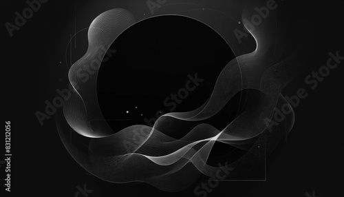 Black abstract background for presentations 2 of thin lines in the form of waves around a circle
