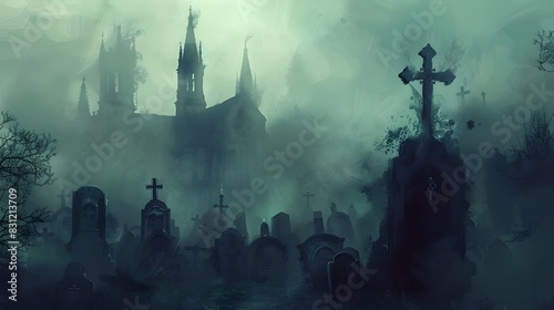 Haunting Gothic Castle Looming in Eerie Fog and Gloom