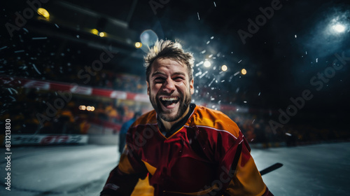 Ecstatic ice hockey player on rink with stadium lights flaring