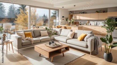 A remarkably inviting sunny modern living room with large windows offering a view of autumn foliage