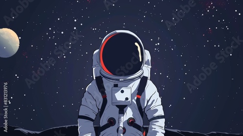 Astronaut standing on a celestial body in space, with a distant moon visible in the background.