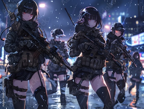 Elite Special Forces Patrol in Futuristic City Amid Neon Lights