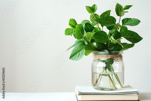 Minimal open planner with a bouquet of green leaves in a glass jar