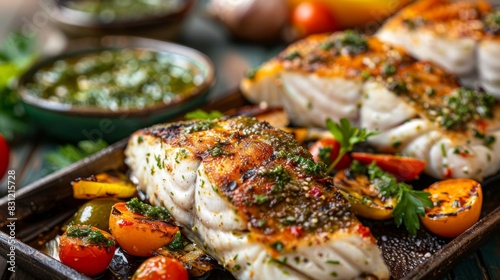 Grilled fish fillets served with roasted vegetables and chimichurri sauce, offering a flavorful and nutritious meal option