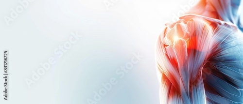 Detailed 3D rendering of human shoulder muscles and tendons, highlighting anatomy and physiology against a light background.
