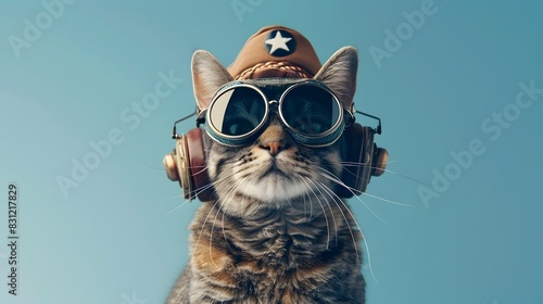 Adorable Feline Pilot with Aviator Sunglasses and Captain's Hat in Vivid Blue Sky Setting