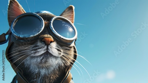 Feline Pilot Dons Aviator Sunglasses and Captain's Hat in Digital