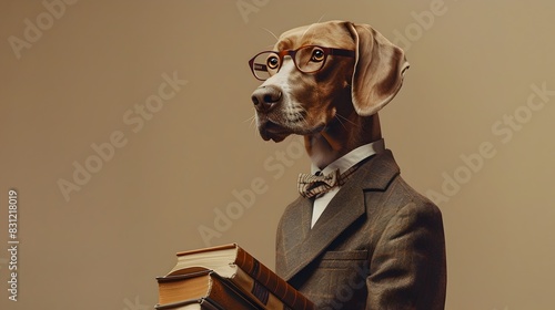 Scholarly Canine with Books in Formal Attire on Plain Background