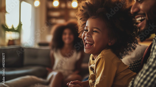 happy afro hair child with a smile sitting at home with african origin parents and family