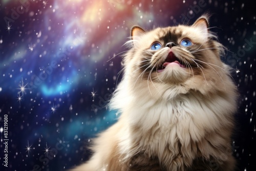 Portrait of a happy himalayan cat isolated on backdrop of starlit galaxies