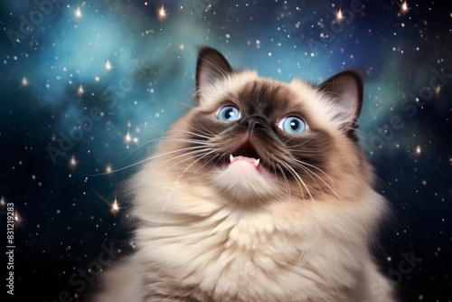 Portrait of a happy himalayan cat in backdrop of starlit galaxies