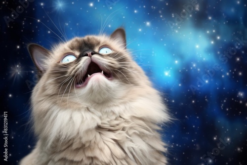 Portrait of a happy himalayan cat over backdrop of starlit galaxies