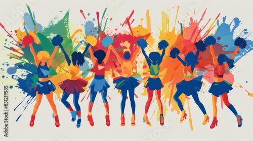 Graphic of a cheerleading squad performing a routine flat design front view team spirit theme water color Tetradic color scheme