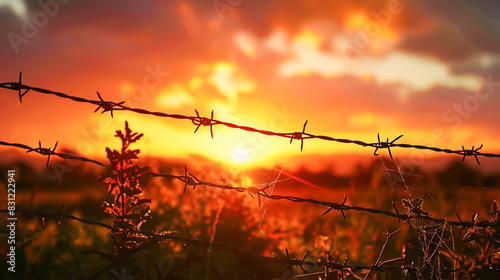 A close-up of a barbed wire fence at a border, with the sun setting in the background, creating a dramatic silhouette effect