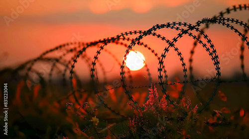 A close-up of a barbed wire fence at a border, with the sun setting in the background, creating a dramatic silhouette effect