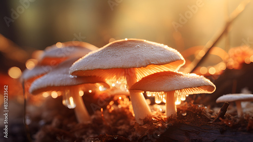 Mushrooms growing on a fallen log in the woods 